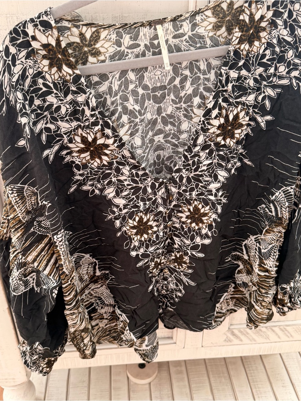 Free People Floral Embroidered V-Neck Women’s Top in Black and White